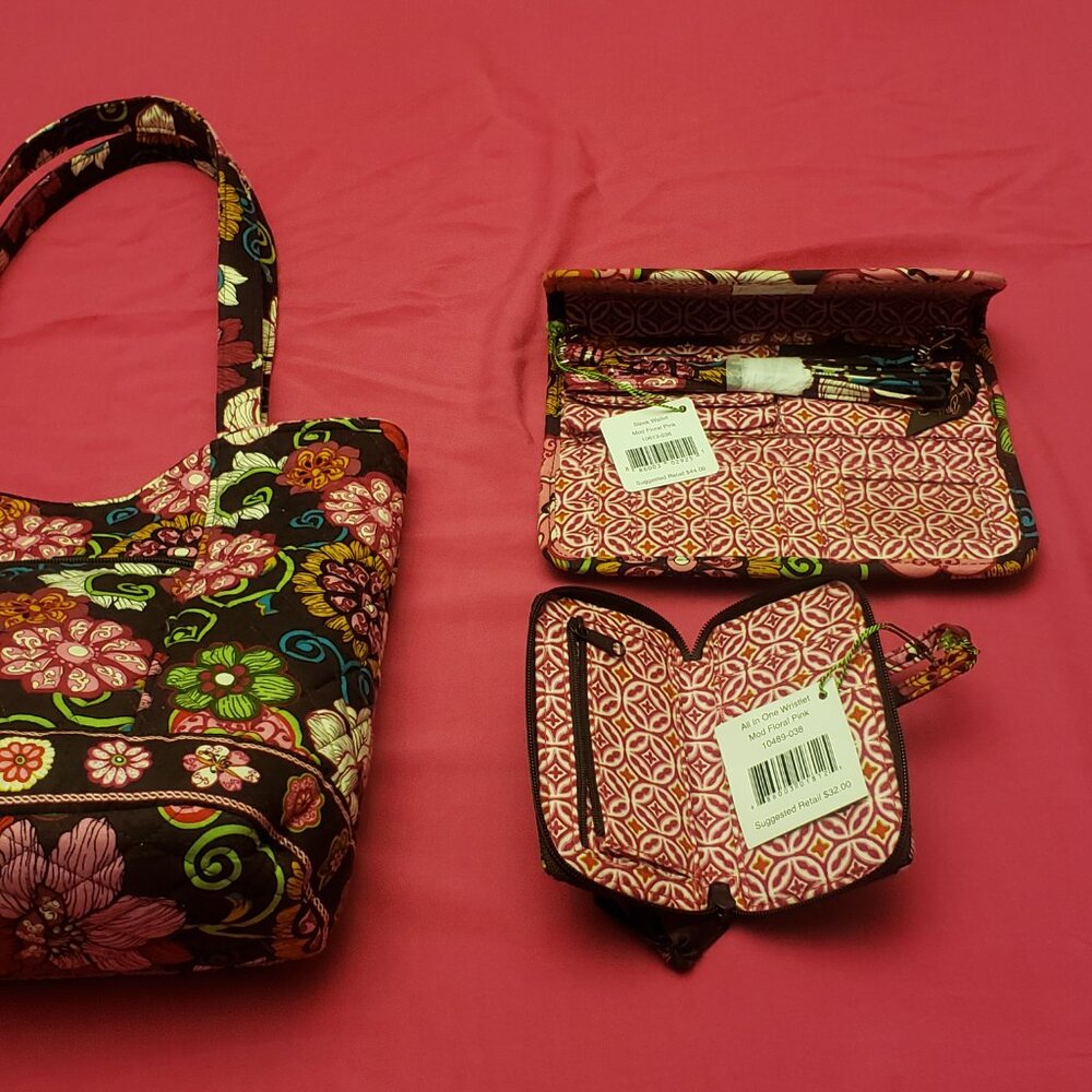 Brand New Vera Bradley Mod Floral Pink Tote w/ Wallet & Wristlet Set - Picture 4 of 11